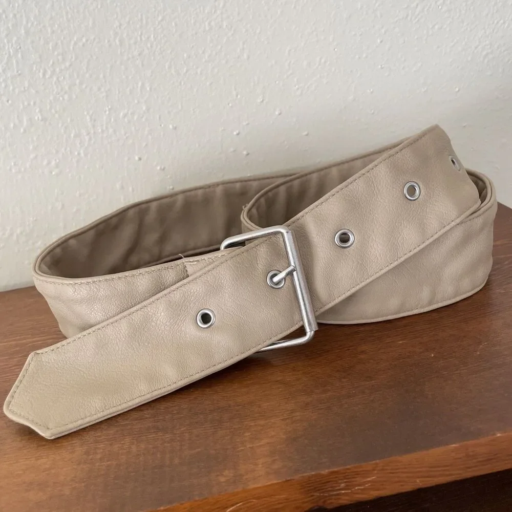 Beige Wide Soft Leather Belt 38-43 Inches Classic Nude‎ Dressy Y2K 90s 80s